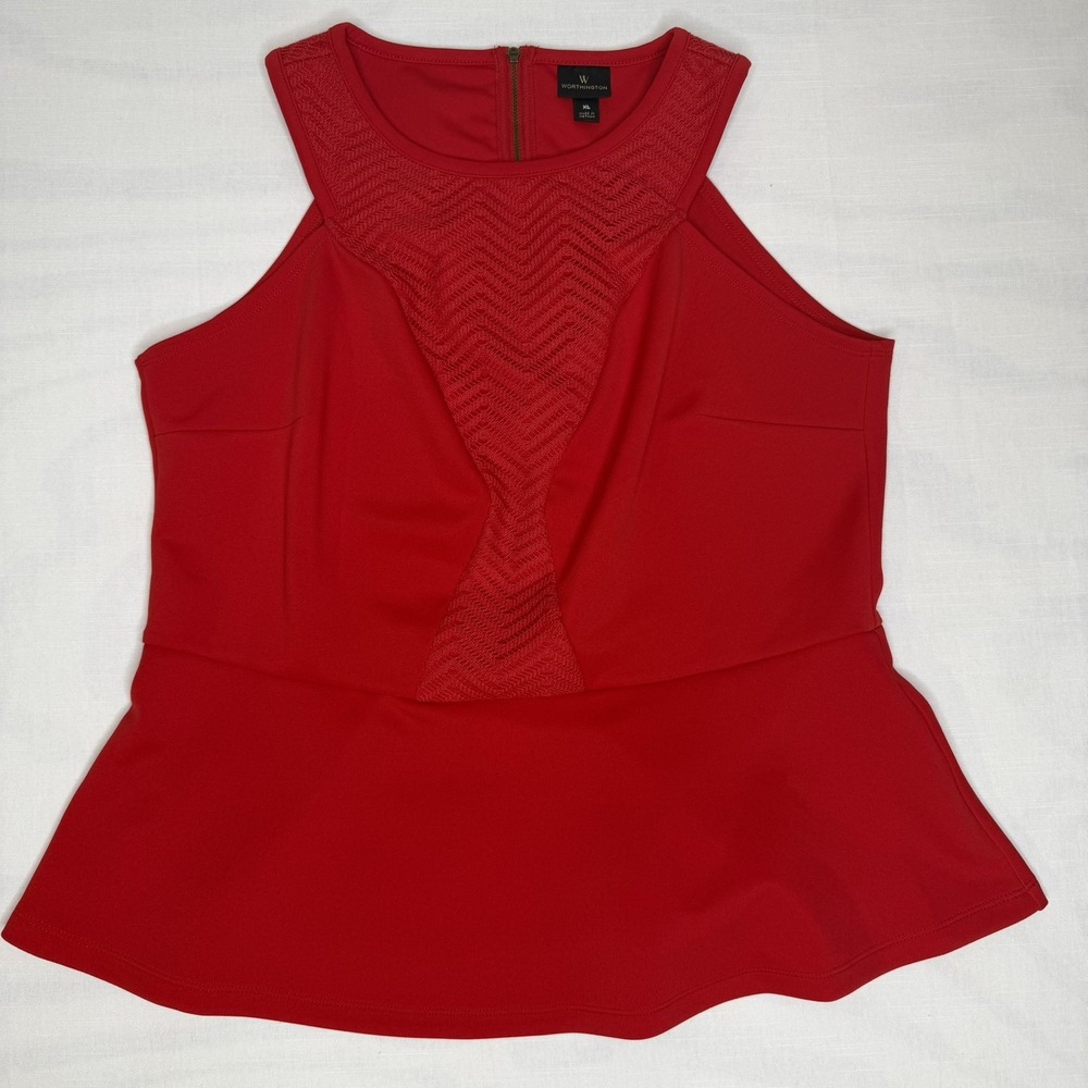 Worthington Womens Red Peplum Blouse XL Sleeveless Lace Halter Zip Top